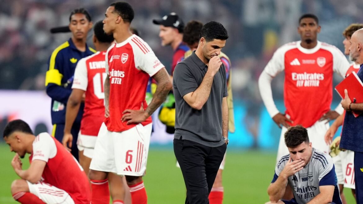 Arsenal manager Mikel Arteta appears dejected following the UEFA Champions League final 