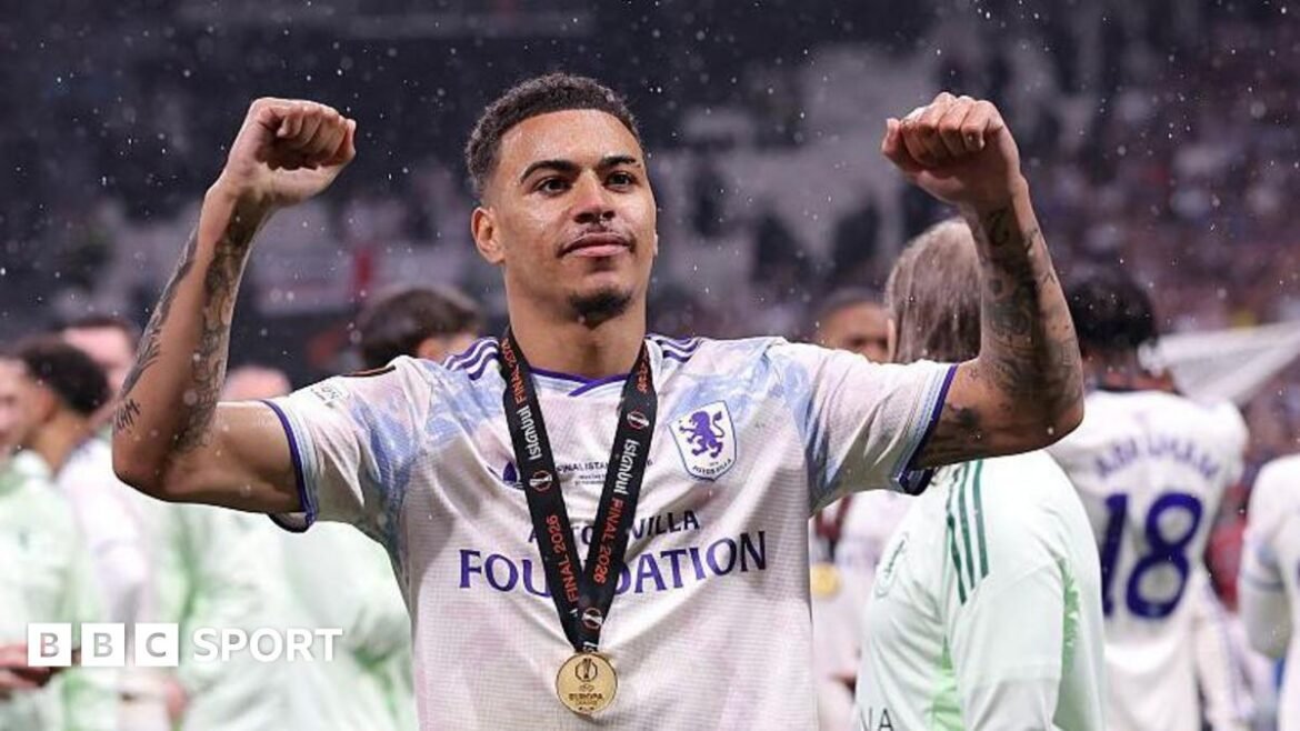 Morgan Rogers celebrates winning the Europa League with Aston Villa