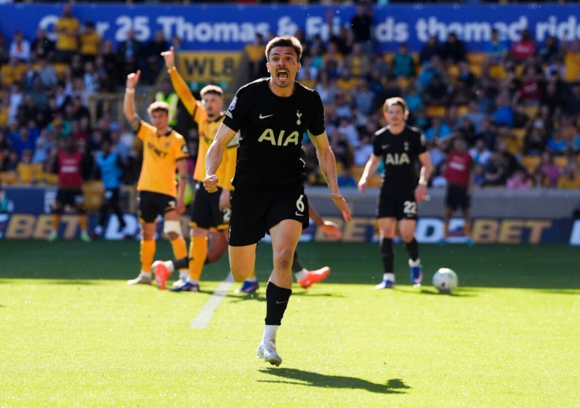 Tottenham Hotspur's Joao Palhinha celebrates scoring during the English Premier League soccer match between Wolverhampton Wanderers and Tottenham Hotspur in Wolverhampton, England, Saturday April 25, 2026. (Nick Potts/PA via AP)