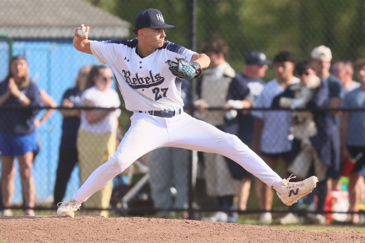 John Bertan (27) of Howell pitches during the Monmouth County Final baseball game between Ranney and Howell at Brookdale Community College in Middletown Township, NJ on 5/5/2026.