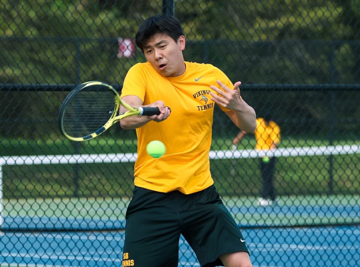 Oliver Chen, South Brunswick, third singles during the Hillsborough vs. South Brunswick boys tennis match in Hillsborough , NJ on Monday, April 20, 2026