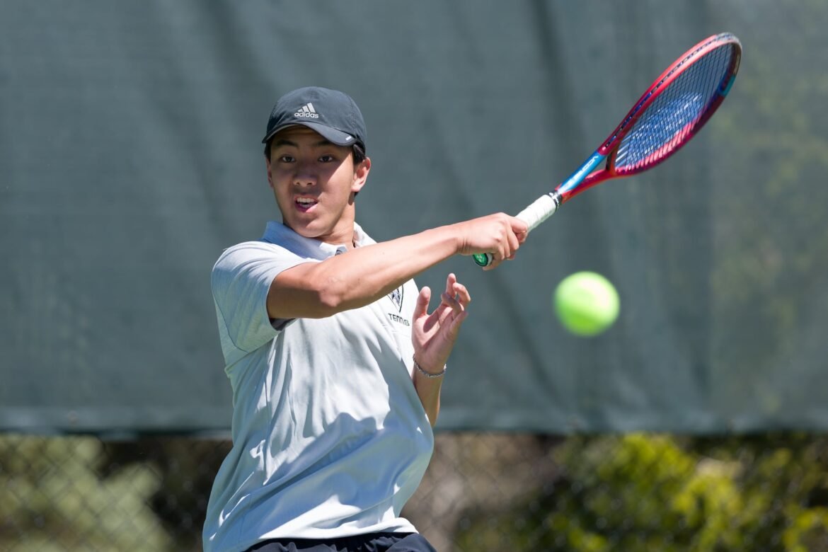 Dennis Wang of Livingston rips a forehand in 1st singles against Christian Brothers at the Bryan Bennett Memorial high school boys tennis tournament quarterfinals on Saturday in Morristown. 04/11/2026