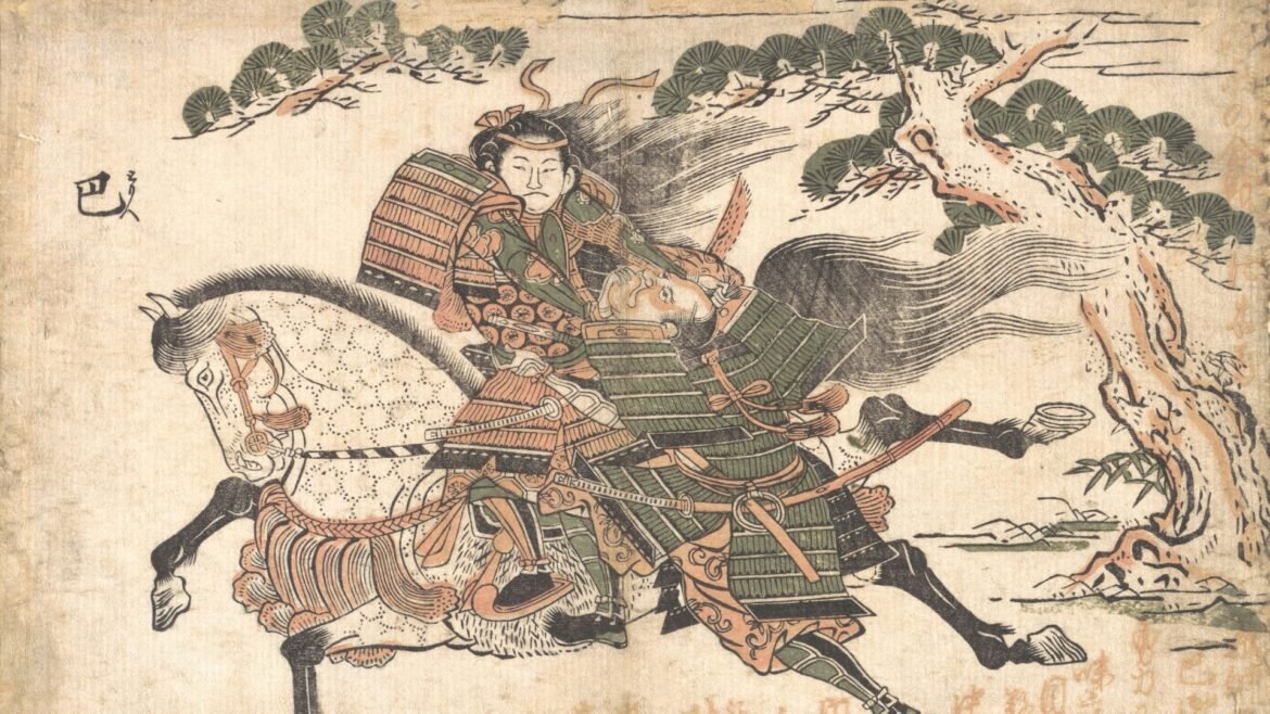 An ancient painting of a woman in green armor riding a white horse, her black hair flowing behind her with a tree in the background.