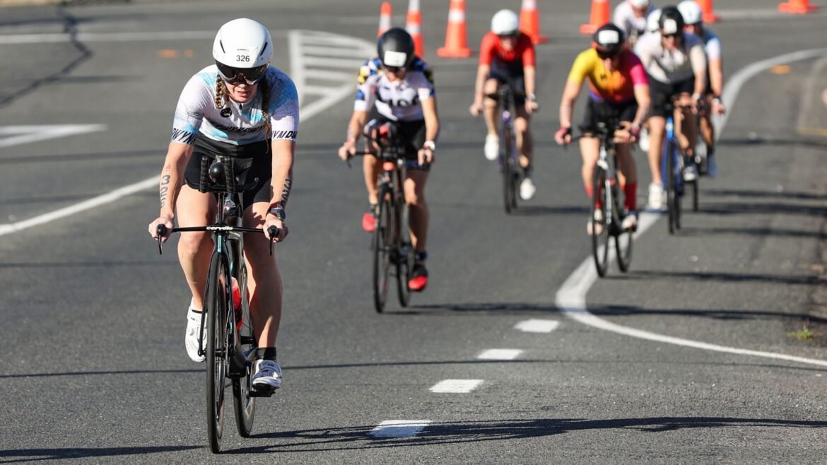 Age-groupers racing the bike portion of a non-drafting triathlon.