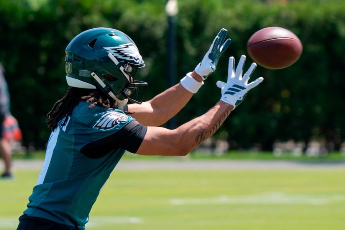 Philadelphia Eagles wide receiver Makai Lemon in action during an NFL rookie minicamp at the team's training facility in Philadelphia, Friday, May 1, 2026. (AP Photo/Chris Szagola)