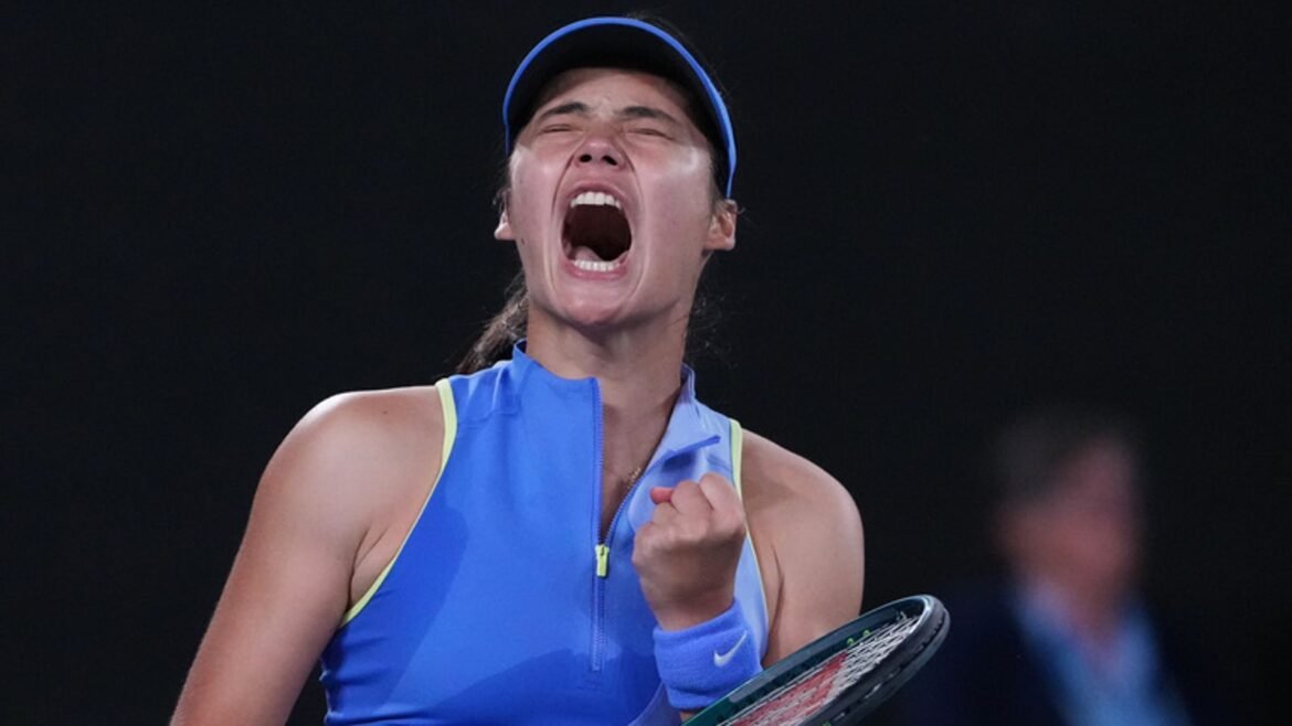 Emma Raducanu of Britain reacts after winning a point against Mananchaya Sawangkaew of Thailand during their first round match at the Austra