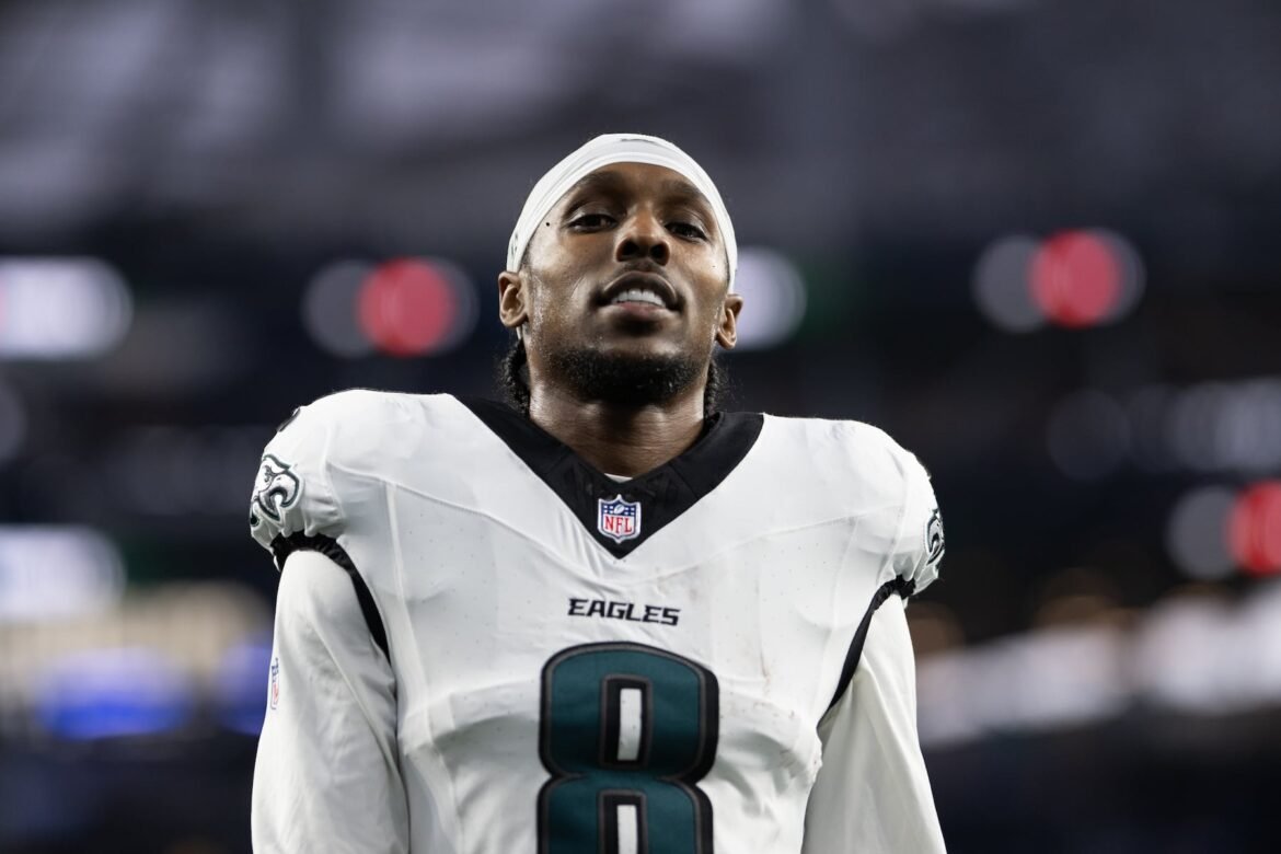 Philadelphia Eagles cornerback Adoree' Jackson (8) walks back to the locker room before an NFL football game against the Los Angeles Chargers, Sunday, Dec. 8, 2025, in Inglewood, Calif. (AP Photo/Kyusung Gong)