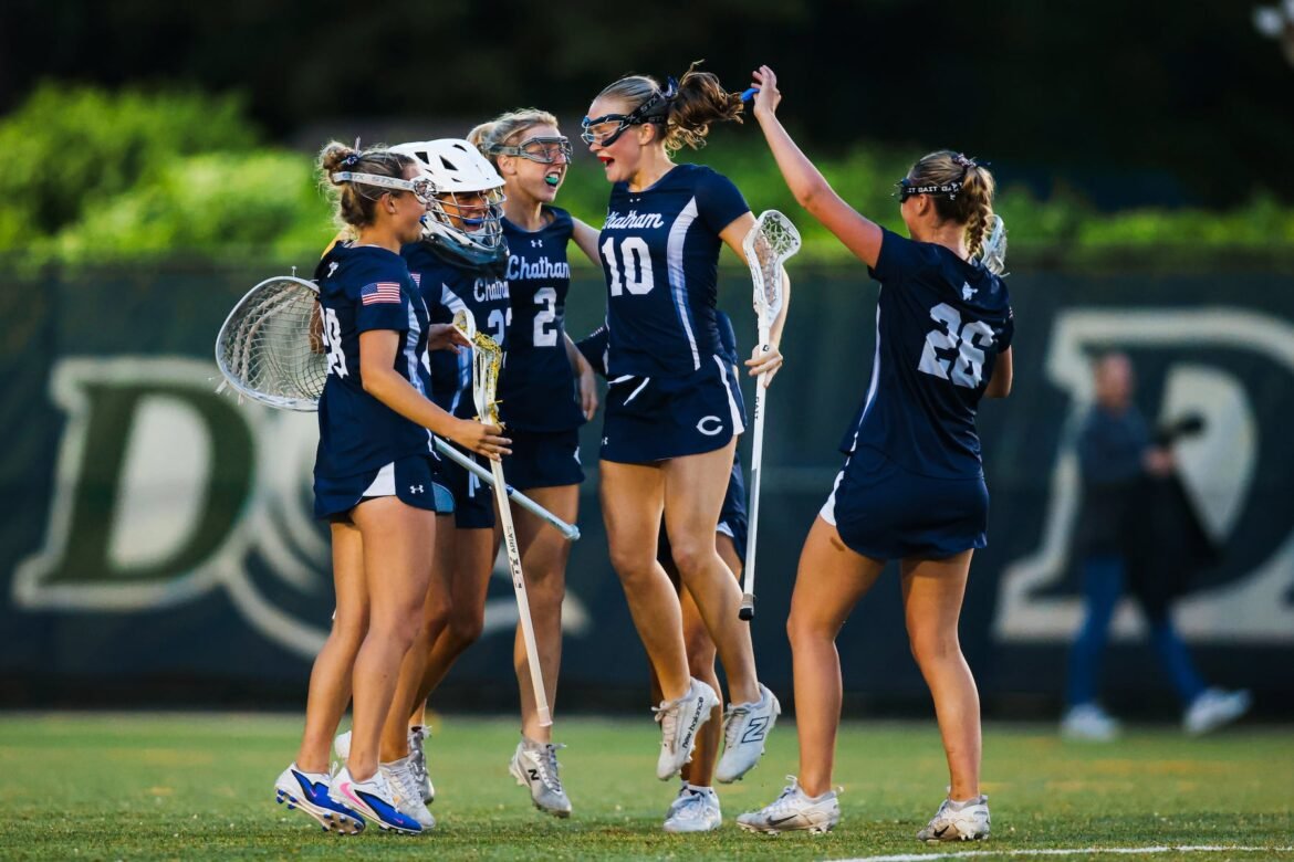 Chatham celebrates after winning the MCT semifinal girls lacrosse game between Chatham and Morris Knolls at Drew University in Madison, NJ on Wednesday, May 6, 2026.