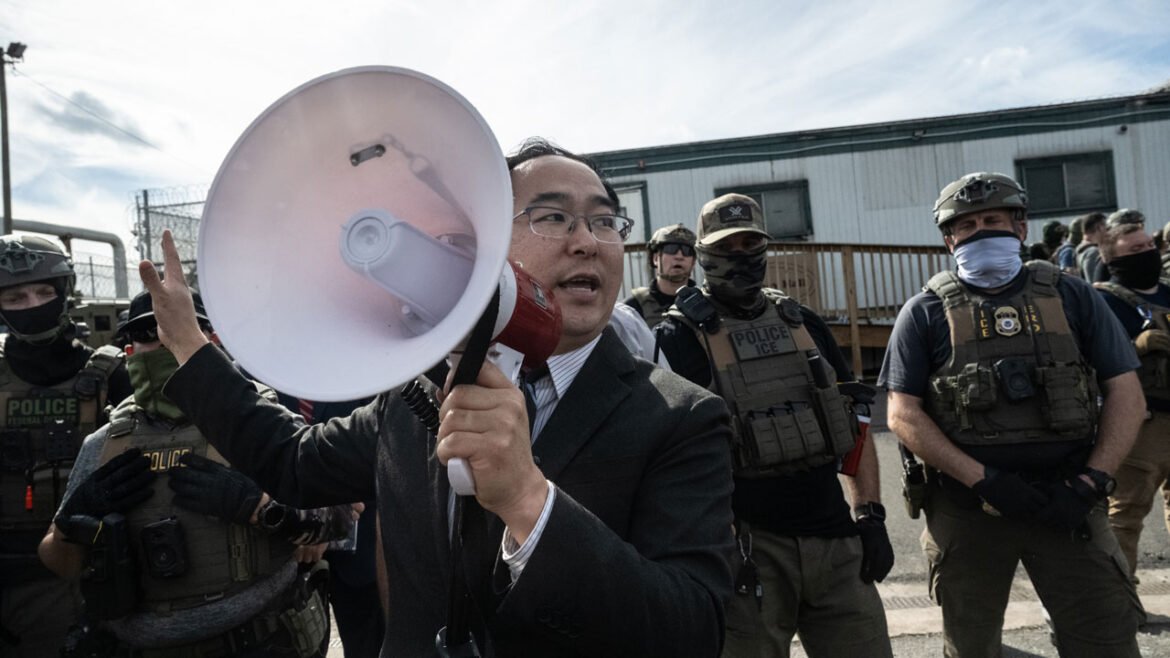 U.S. Sen. Andy Kim (D-NJ) tries to broker a de-escalation between ICE agents and immigration activists outside of Delaney Hall on May 25, Memorial Day in Newark, New Jersey. Activists had come to support immigrants detained at the Delaney Hall who are participating in an inmate hunger strike over detention conditions as the strike continued into the fourth day. (Photo by Stephanie Keith/Getty Images)