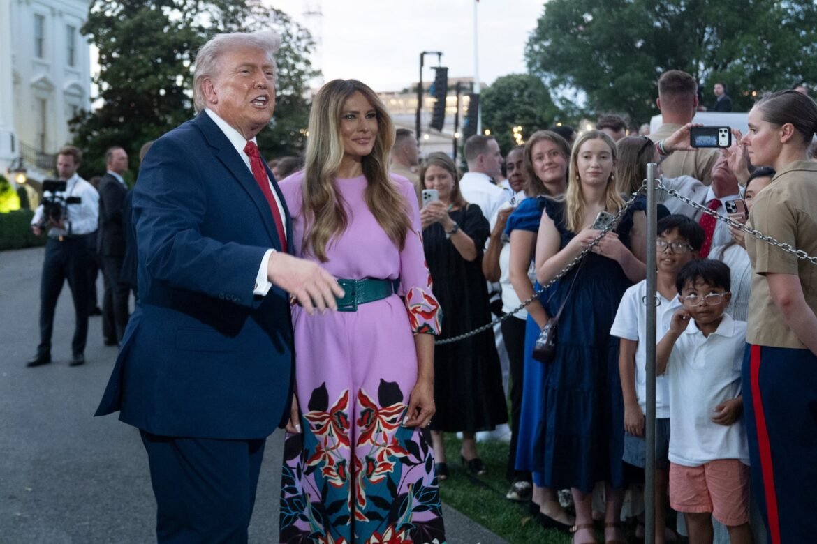 President Donald Trump and first lady Melania Trump greet attendees of the annual Congressional Picnic on the South Lawn, at the White House, Tuesday, May 19, 2026, in Washington. (AP Photo/Manuel Balce Ceneta)
