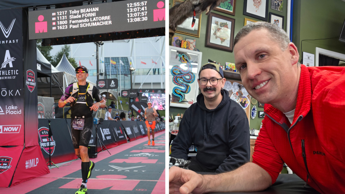 composite image of man finishing Ironman Placid and selfie of him in a tattoo shop with his tattoo artist