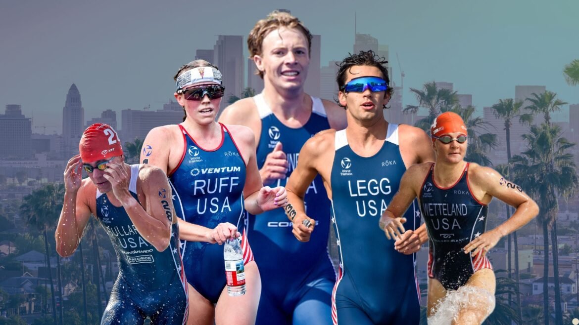 An image of five of the up and coming triathletes, including Braxton Legg, Blake Bullard, Reese Vannerson, Kelly Wetteland, and Naomi Ruff.