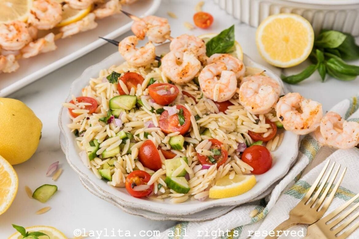 Lemon Orzo Pasta Salad with Grilled Shrimp – Laylita's Recipes