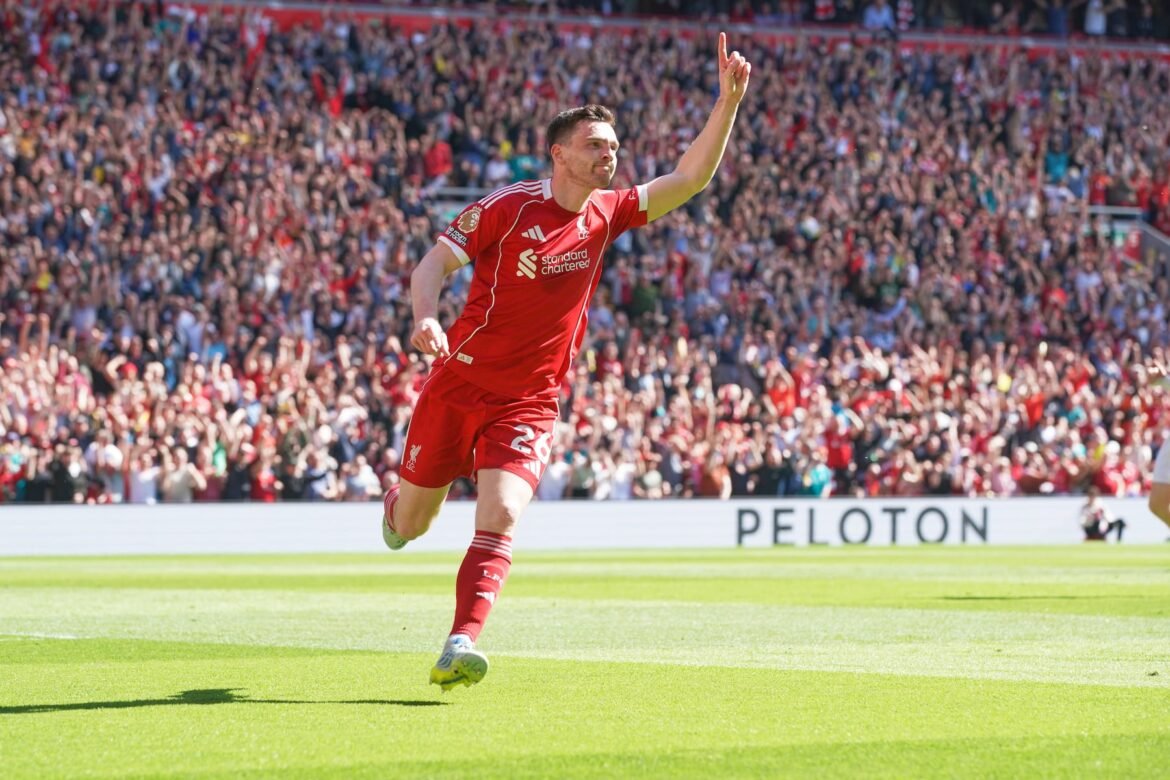 Liverpool's Andrew Robertson celebrates after scoring his side's 2nd goal during the English Premier League soccer match between Liverpool and Crystal Palace in Liverpool, England, Saturday, April 25, 2026. (AP Photo/Ian Hodgson)