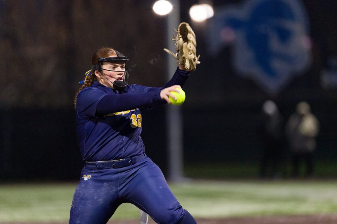 Ramsey ace Brooke Donofrio delivers to the plate against Mount St. Dominic in the Public vs. Private High School Softball Challenge at Ivy Hill Park in South Orange on Saturday. The Lions walked it off, 2-1 in 10 innings.  04/04/2026