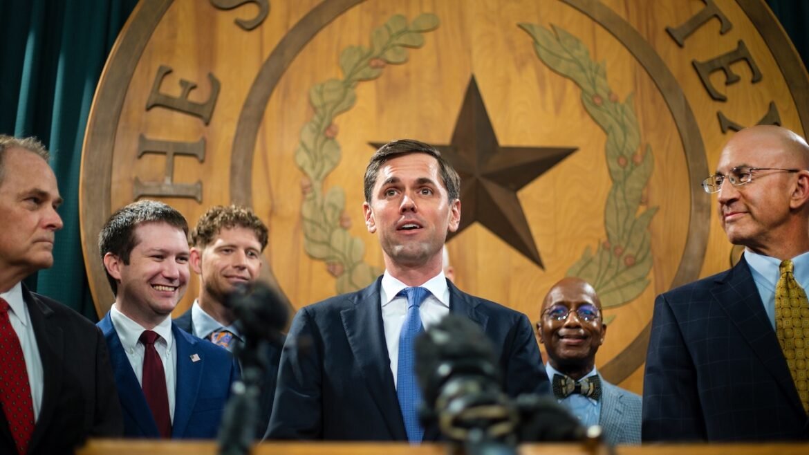 Mayes Middleton addresses the media in the Texas Capitol .