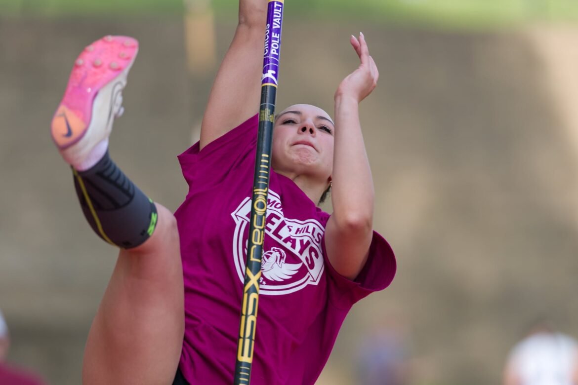 Gianna Ledford of Morris Hills performs a pole vault in the NJAC East High School Track and Field Championships at Morris Hills High School in Rockaway on Tuesday. 05/05/2026