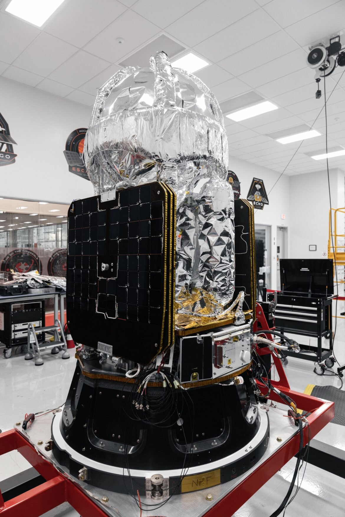 The LOXSAT payload is displayed inside Rocket Lab’s Spacecraft Production Complex in Long Beach, California.