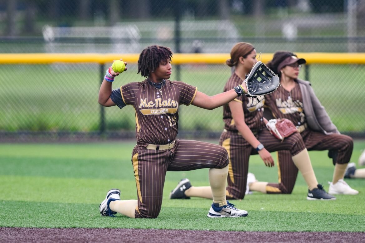 Jermirah Birchett (15) of McNair warms up before the NJSIAA, North 2, Group 2, first round softball game against Bernards at Lincoln Park in Jersey City, NJ on Wednesday. May 28, 2025
