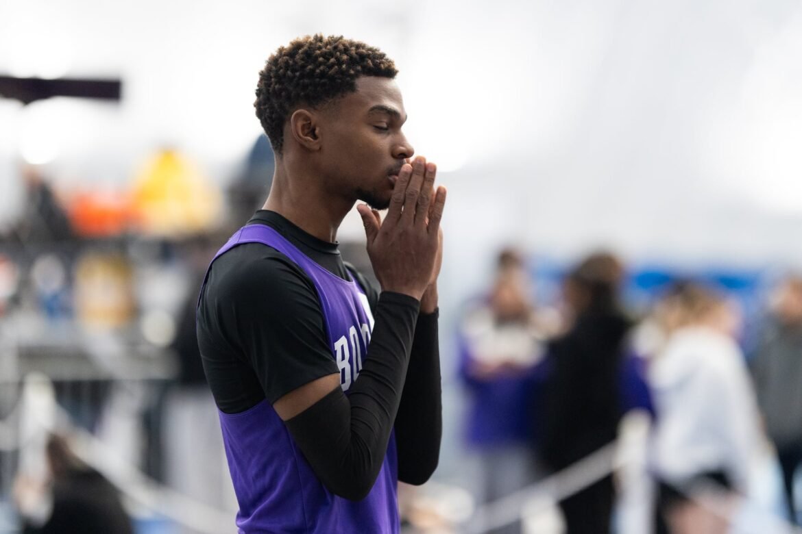 Emmanuel Marin takes a second to breathe before competing in the 800 mater race during the NJSIAA Indoor Track and Field North 2 Group 1 Sectional Meet at the Rothman Orthopedics Sports Complex in Toms River, NJ on 2/8/26.