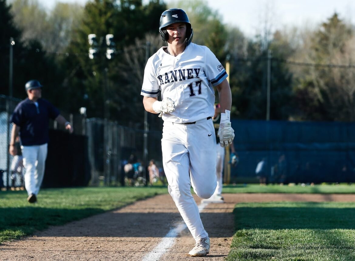 Jake Abrams (17) of Ranney scores a run during the baseball game between Ranney and Red Bank Catholic at The Ranney School in Tinton Falls, NJ on 4/14/26.