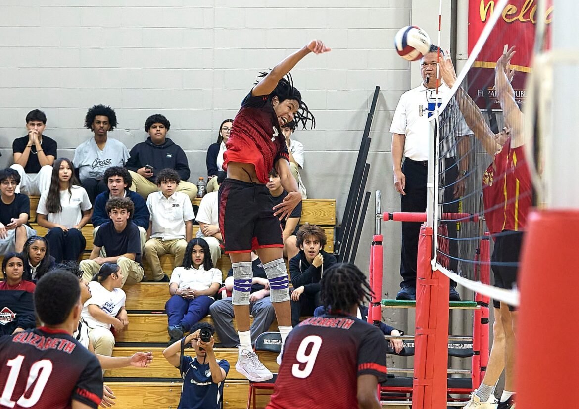 Leo Fontaine (7) of Elizabeth on a kill shot against North Bergen during the boys volleyball North Jersey, Group 4 semifinal round at the Frank J. Cicarell Academy in Elizabeth, NJ on Wednesday, June 4, 2025