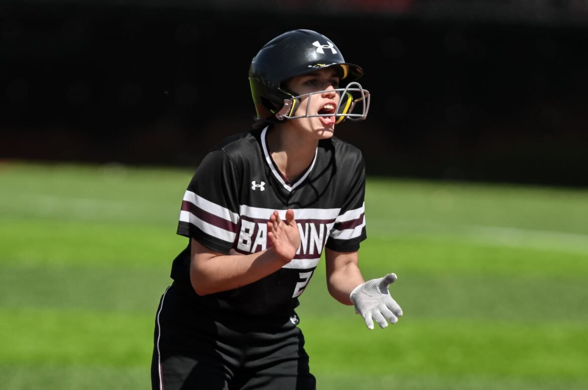 Lilah Gomez (22) of Bayonne reacts after hitting a RBI single during the Hudson County softball final between Bayonne and Kearny at 64th Street Stadium in North Bergen, NJ on Saturday, May 16, 2026
