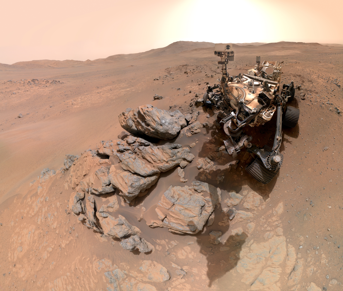 NASA’s Perseverance Mars rover appears to look into the camera in this selfie. The rover is at a rocky outcrop nicknamed “Arethusa”.