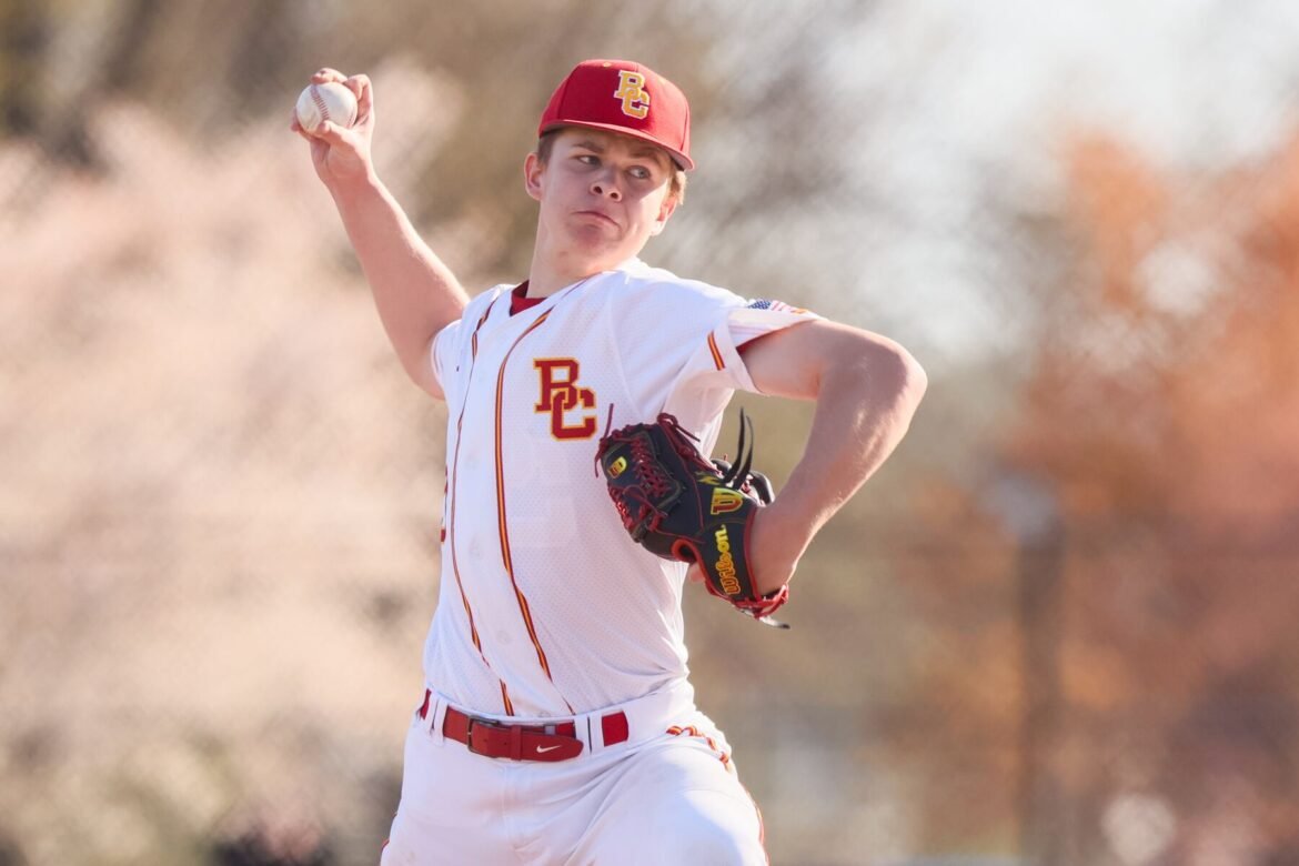Jack Pintarelli (13) of Bergen Catholic pitches during the baseball game between Bergen Catholic and Pascack Valley at Breslin Field in Lyndhurst on Thursday, April 17, 2025.