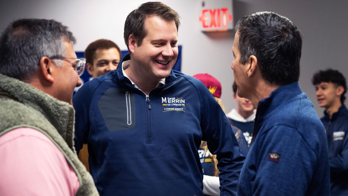 Republican Derek Merrin smiles as he talks with Bernie Moreno and Alex Triantafilou.