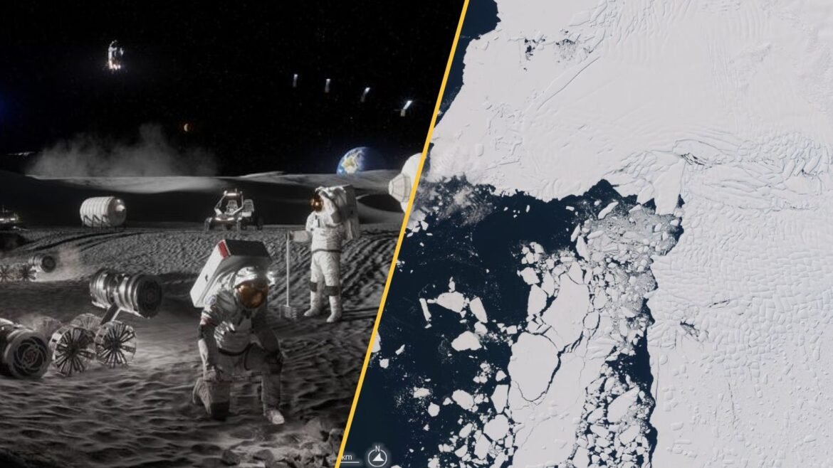 Astronauts build a moon base on the left, and a top-down view of Thwaites Glacier in Antarctica on the right.
