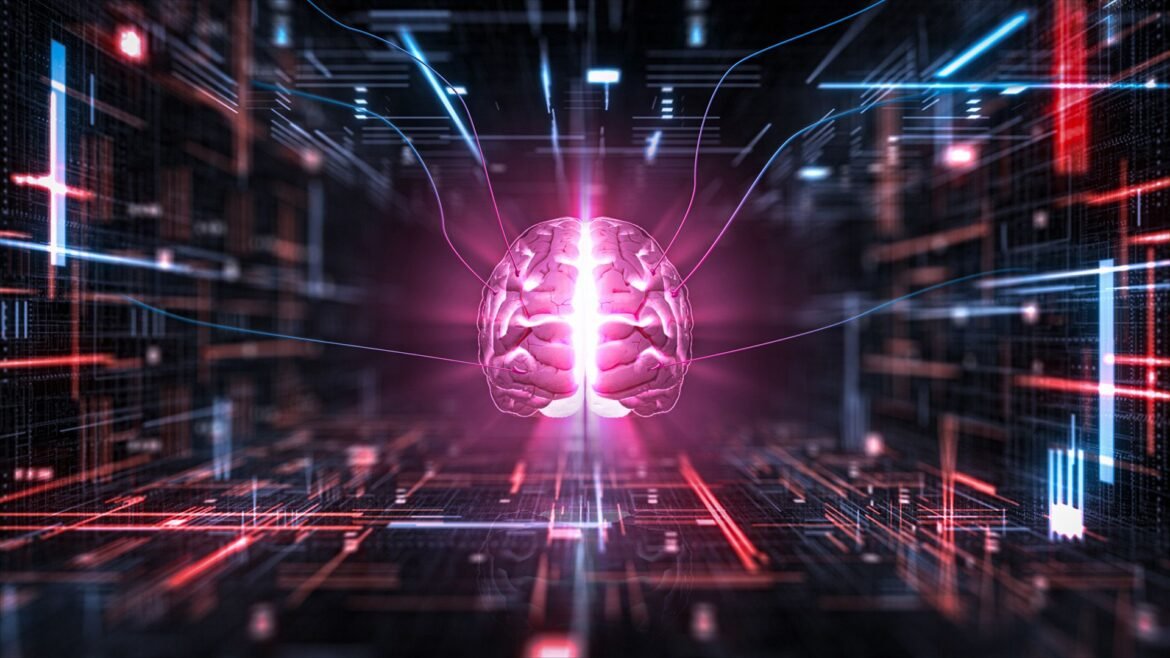 An illustration of a glowing pink brain over a series of colorful red and blue circuits.