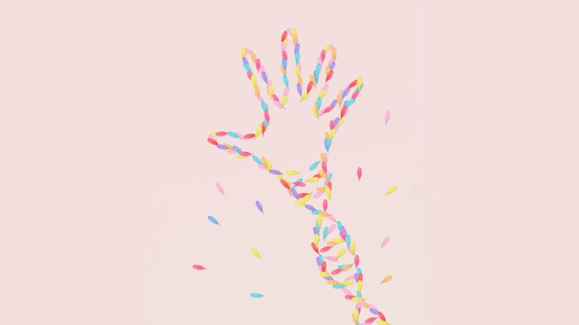 An illustration of a hand that transforms into a strand of DNA