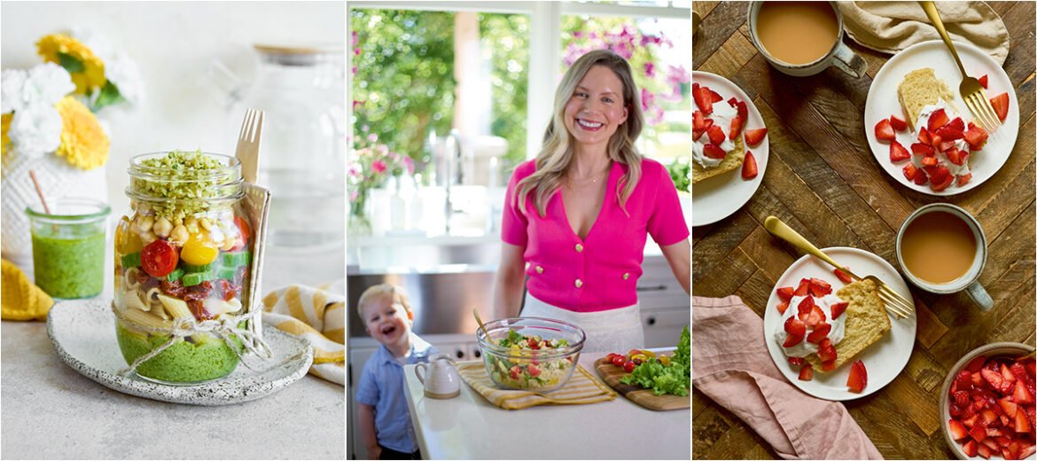 Sun-Kissed Pasta Salad, Busy Bee Salad, and Vanilla Buttermilk Loaf Cake with Berries and Cream