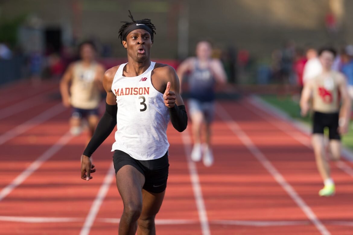 Rohan Tucker of Madison gets out in front in the Boys 400m final at the NJAC East High School Track and Field Championships at Morris Hills High School in Rockaway on Tuesday. 05/05/2026
