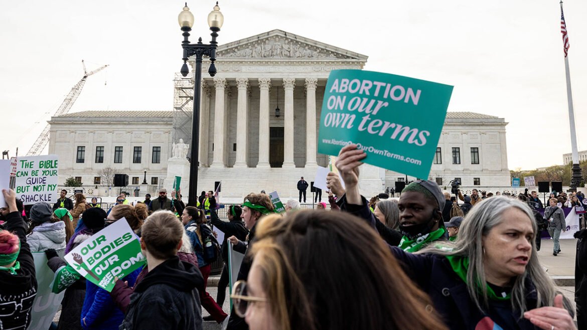 Demonstrators gather in front of the Supreme Court as the court hears oral arguments in the case of the U.S. Food and Drug Administration v. Alliance for Hippocratic Medicine on March 26, 2024 in Washington, DC. (Anna Rose Layden/Getty Images)