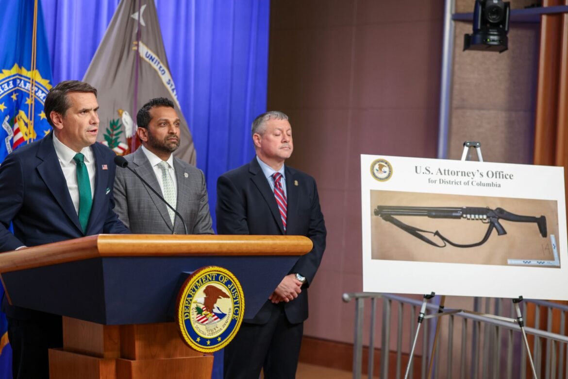 Acting Attorney General Todd Blanche speaks as FBI Director Kash Patel and Acting Assistant Director for the Criminal Investigative Division at the FBI Darren Cox listen at a press conference at the Department of Justice on April 27, 2026 in Washington, D.C., about the shooting at the White House Correspondents' Association dinner. (Photo by Tasos Katopodis/Getty Images)