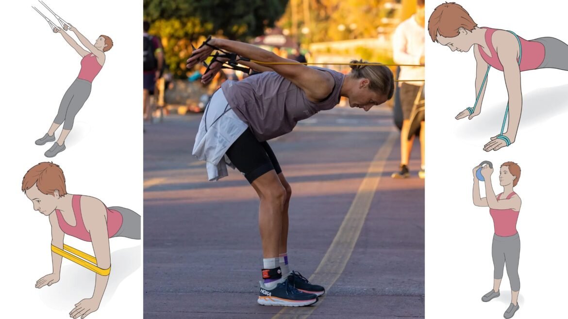 In the center image, a woman uses stretch cords wrapped around a wall to warm up for a triathlon swim. Along the sides, illustrations of four shoulder-building exercises.