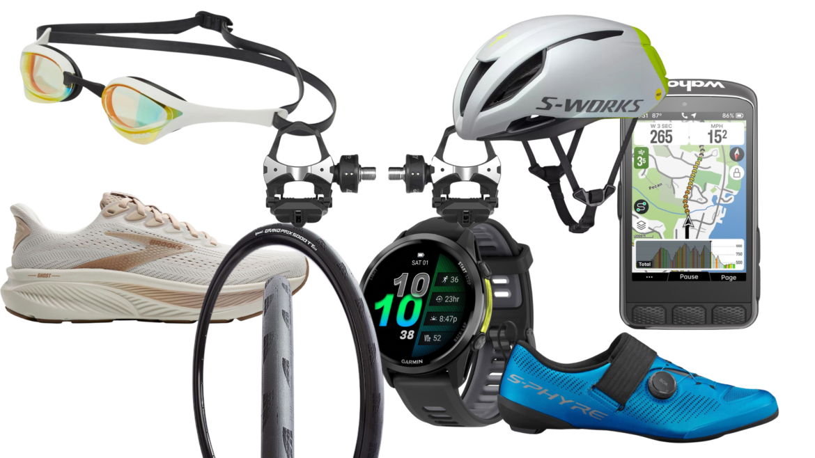 product images of swim, bike, and run gear on white background, all on sale for memorial day