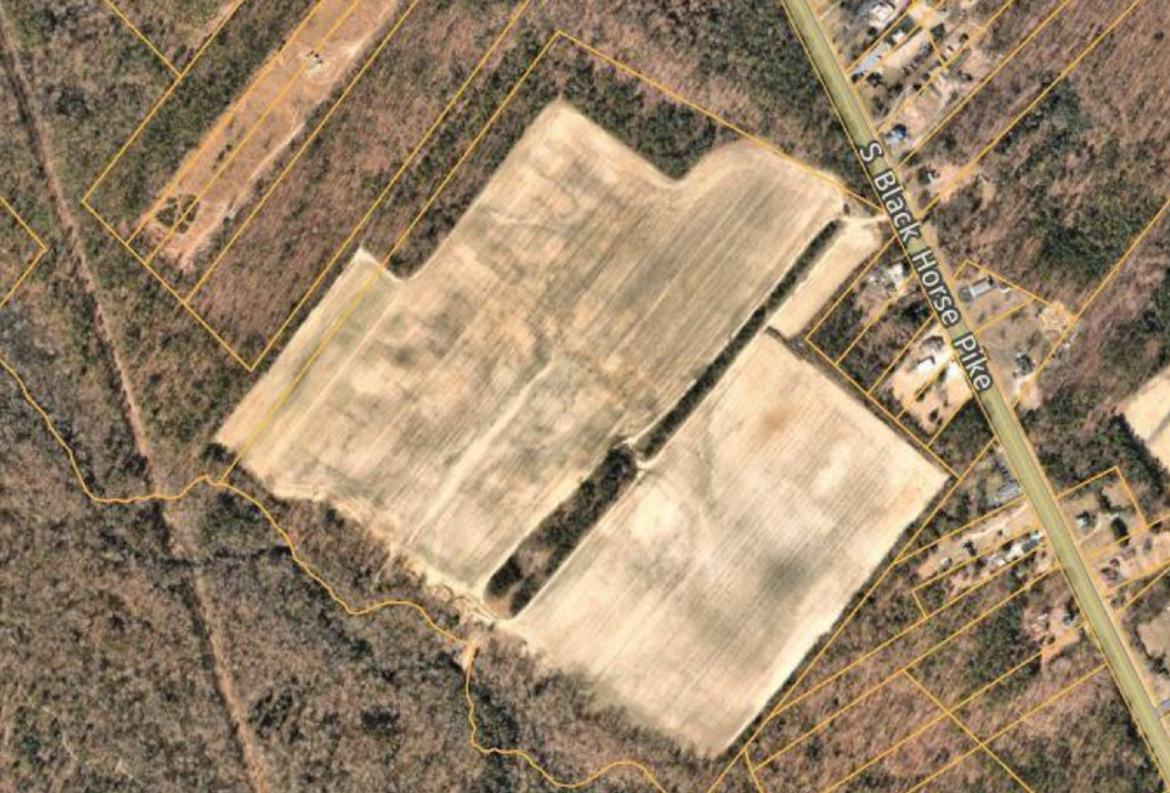 An aerial view of the 172-acre vacant farmland at 3043 South Black Horse Pike in Monroe Township, owned by Hexa Builders LLC, where a massive warehouse project has been proposed.