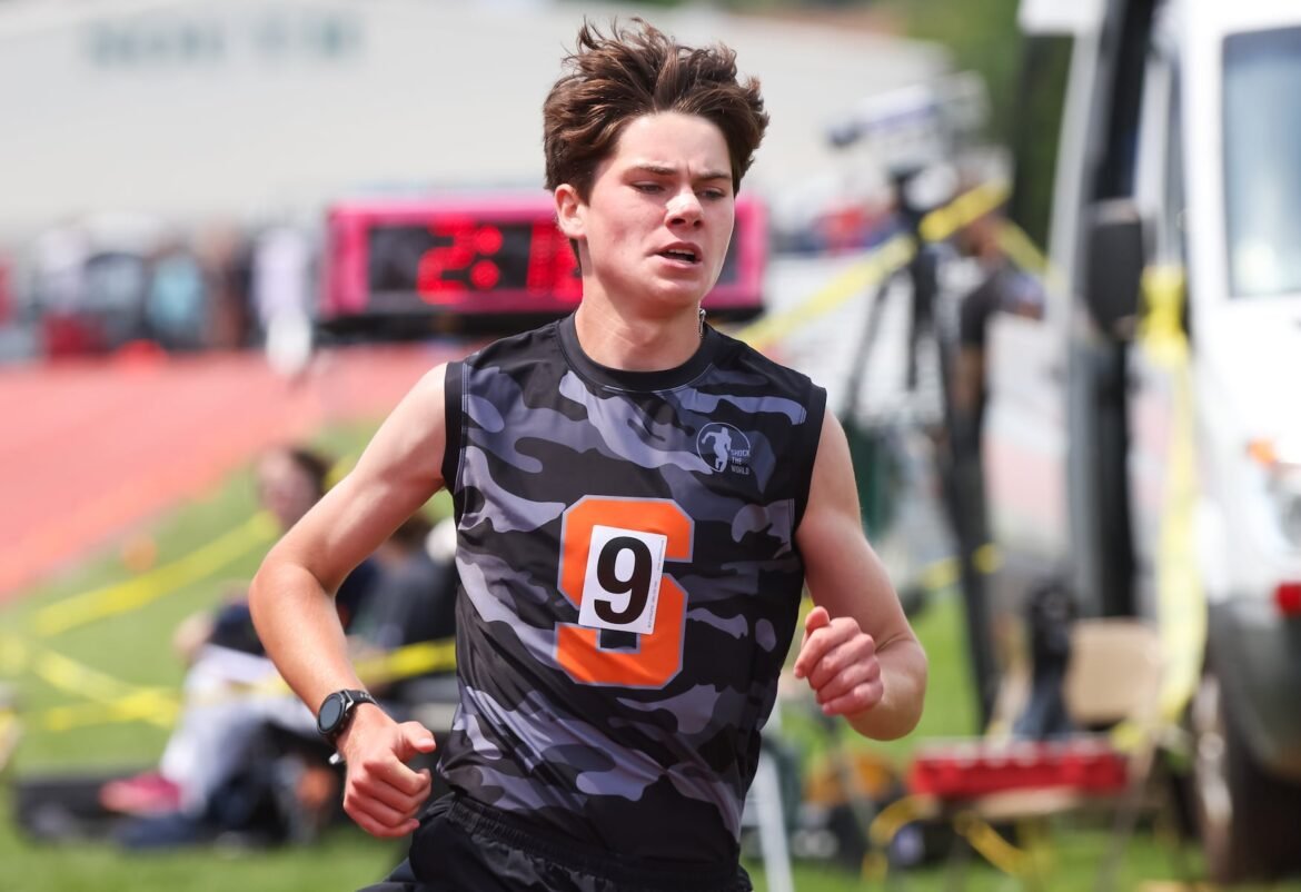 Nathan Vroom of Somerville competes in the 1600 meter run during the boys and girls track and field Group 2 & 3 state championships at South Plainfield High School in South Plainfield, NJ on Saturday, May 31, 2025