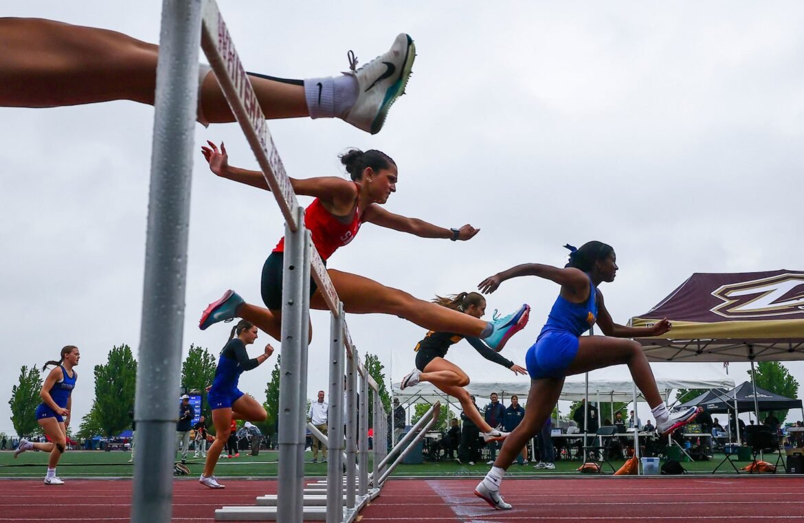Athletes compete in the Girls 100m Hurdles during the EPC & Colonial League track and field championships on May 6, 2026. 