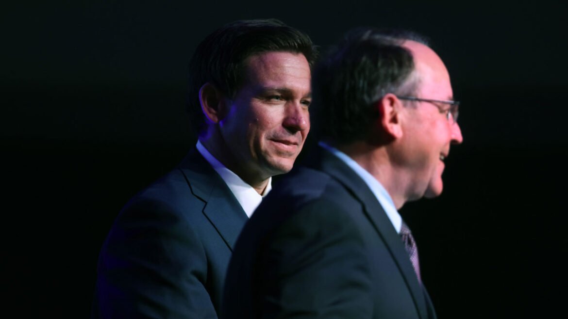 Florida Governor Ron DeSantis is introduced by U.S. Rep. Tom Tiffany at the Republican Party of Marathon County Lincoln Day Dinner.