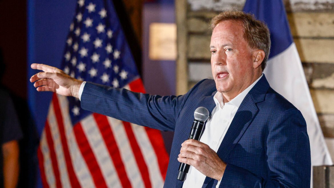 Texas Attorney General Ken Paxton, a Republican candidate for the U.S. Senate, speaks to attendees during a campaign rally May 19, 2026.