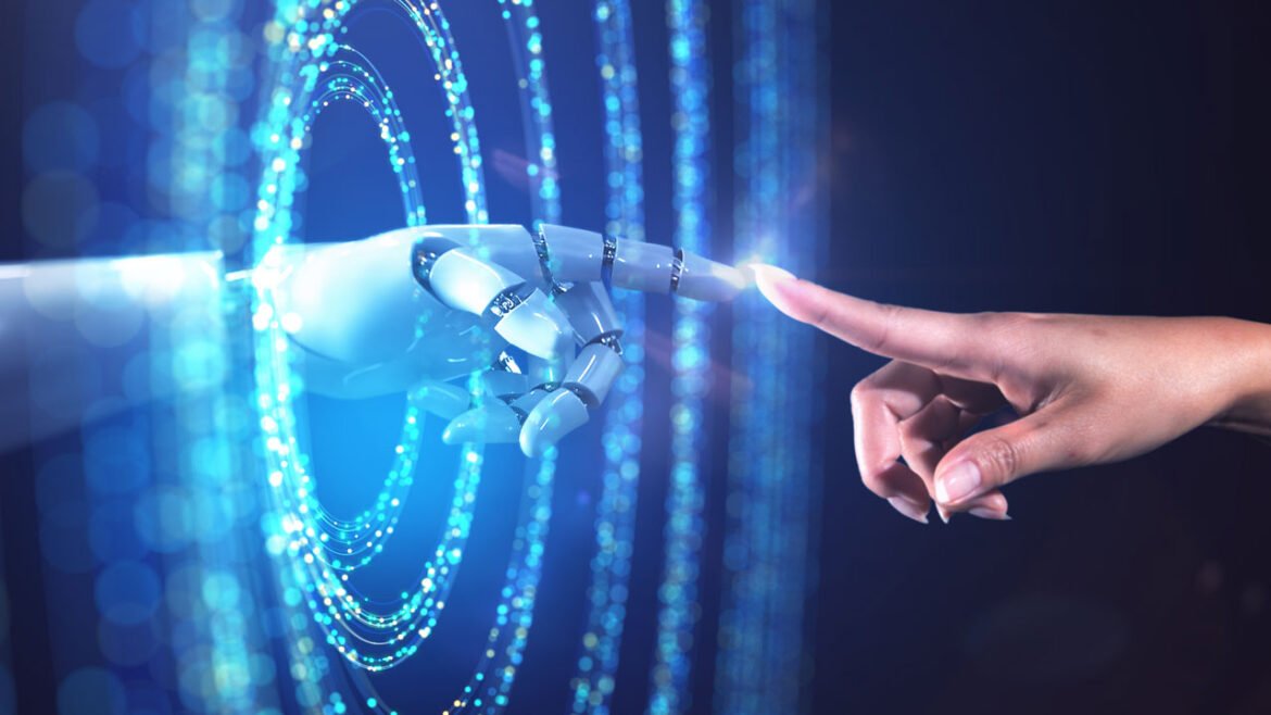 Graphic showing a robotic AI-driven hand reaching through rings of blue light to touch forefingers with a human hand.