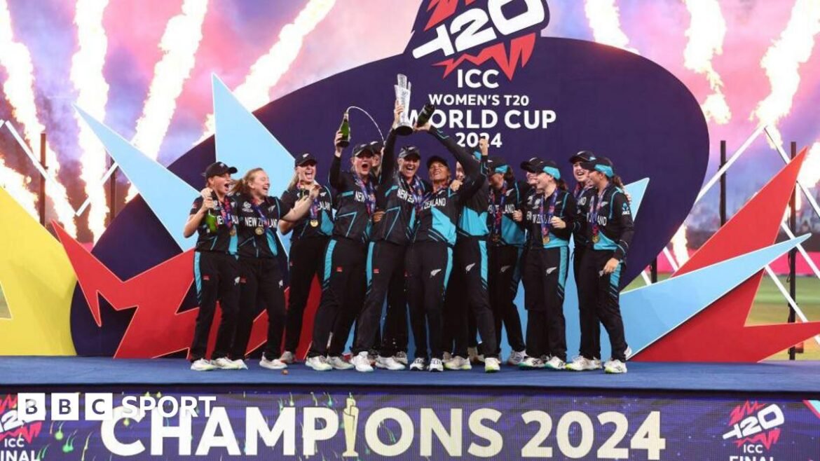 New Zealand celebrate with the Women's T20 World Cup trophy