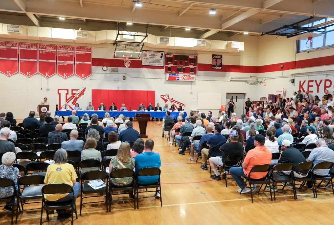 Kate Angarone, DEP speaks at the DEP community meeting at Keyport High School in Keyport, NJ on Sunday, May 17, 2026
