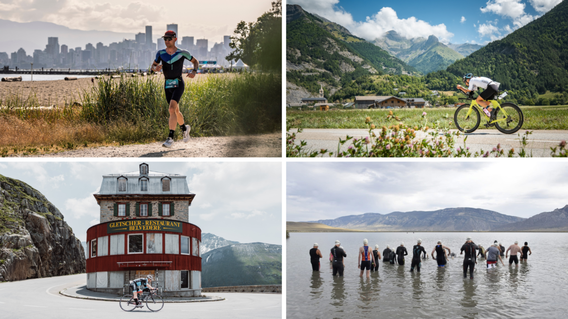 composite four images of triathletes swimming, biking, and running outside, best cool summer triathlons