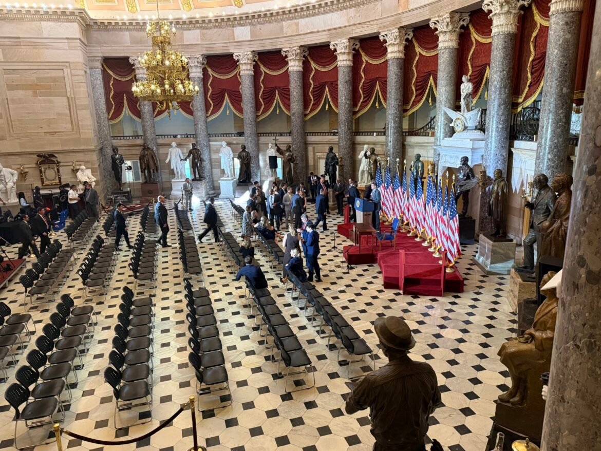 Statuary Hall in the U.S. Capitol on June 24, 2026. The hall was set up for a ceremony in which President Donald Trump would sign into law a broadly bipartisan housing bill, but Trump abruptly canceled the event. (Photo by Jennifer Shutt/States Newsroom)