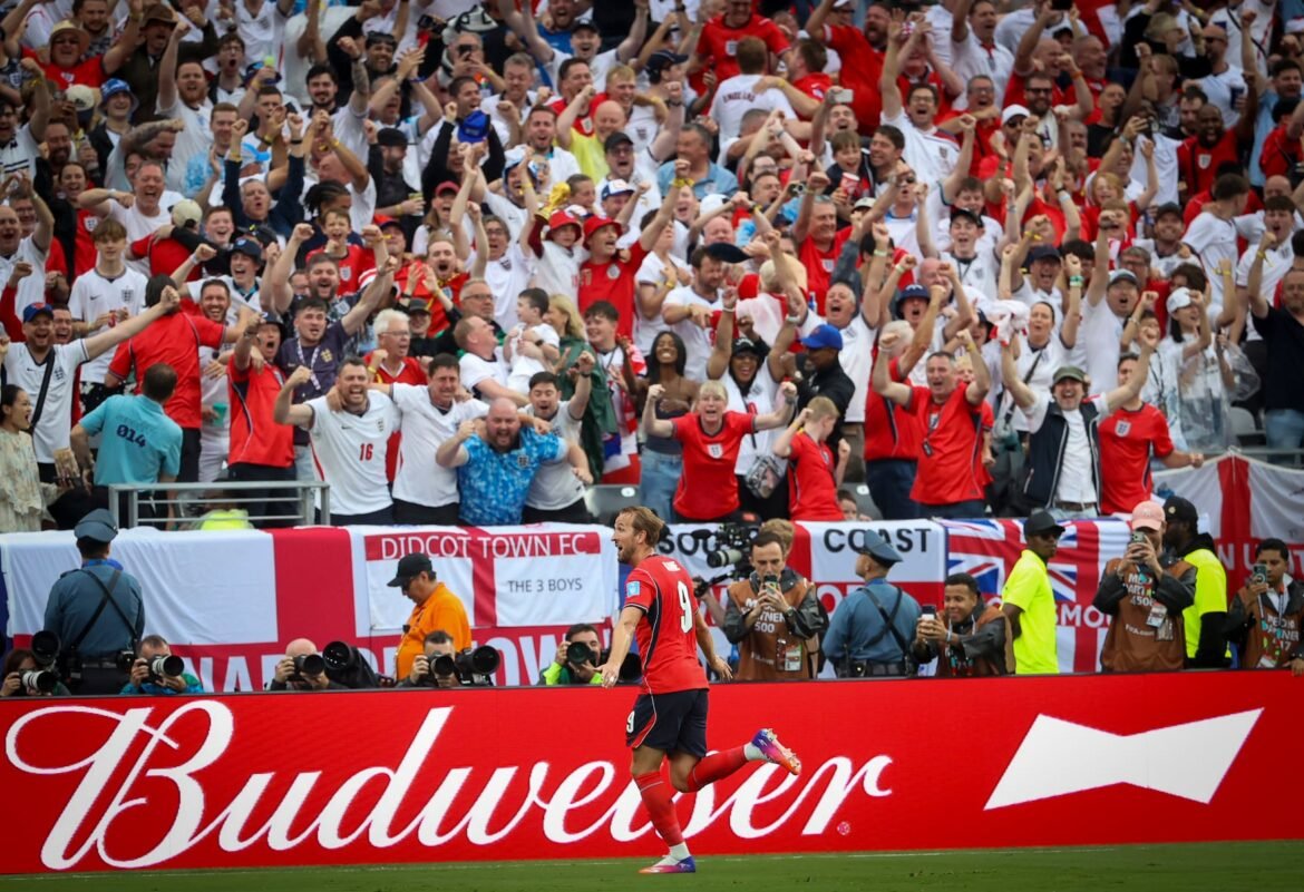 The crowd at the newly renamed New York New Jersey Stadium goes wild after Harry Kane (9, center) scored England’s second goal during the second half of a World Cup soccer match against Panama, Saturday June 27, 2026, in East Rutherford, N.J. England won, 2-0.